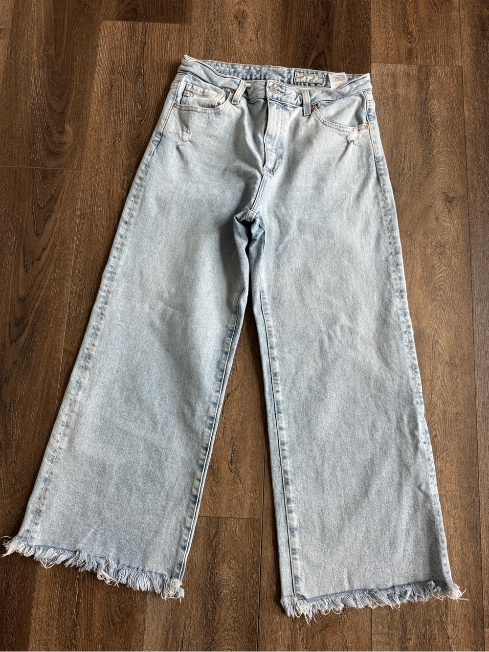 AG Adriano Goldschmied Light Blue Frayed-Hem Wide-Leg Jeans Saige Size 29